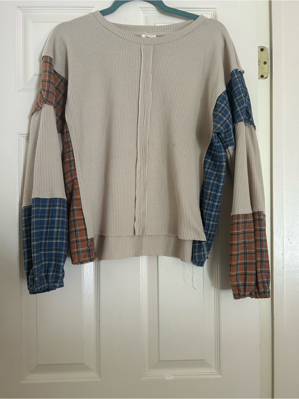 Hem & Thread Beige Ribbed Long Sleeve Top with Blue & Brown Plaid Sleeves
